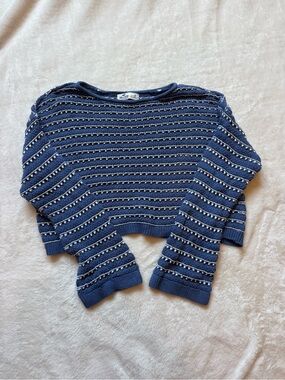 Hollister Navy Blue Cropped Crewneck Sweater with White Stripe Detail